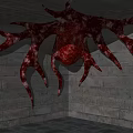 Giant Red Fleshy Tentacled Organism Suspended In Dark Gray Concrete Room