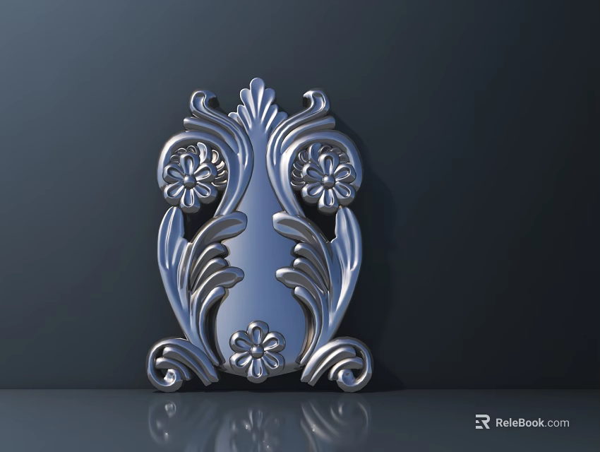 Silver Metal Carved Decorative Ornament With Floral Patterns And Curled Leaves 3d model 