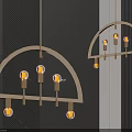 Modern Arched Semicircular Chandeliers with Yellow Bulbs and Neon Light on Dark Striped Background