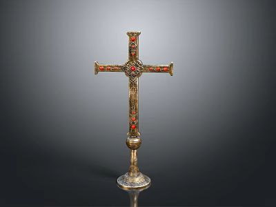 Intricate Golden Cross Sculpture with Red and Green Inlaid Decorations on Ornate Base 3d model