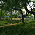 Scenic Natural Landscape With Lush Foliage Green Grass White Flowers And Gazebo In Peaceful Park