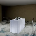 Dining Table Set With White Tablecloth Flower Bouquet Chairs Patterned Carpet And Brown Walls 3d model
