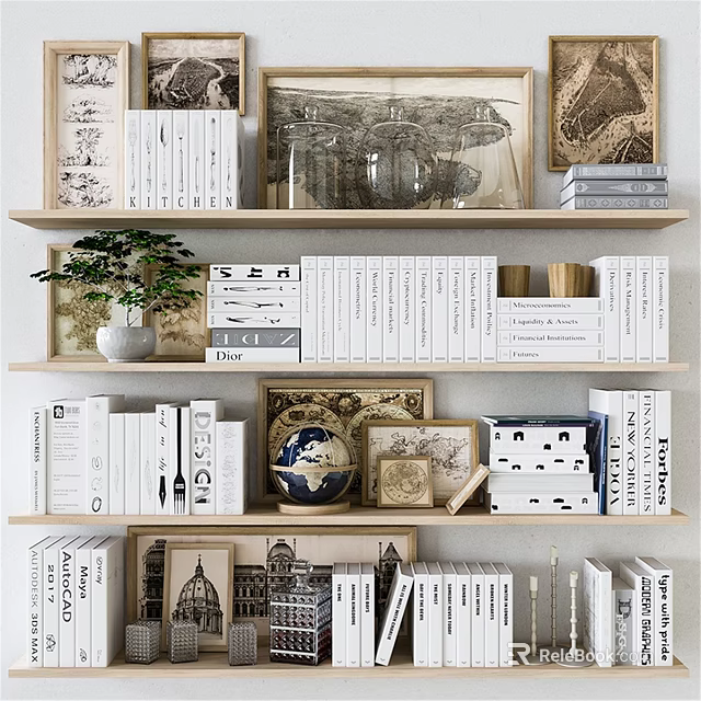 Decorative Ornament Set on Wooden Shelves with Books Green Plant Globe and Wall Art 3d model 