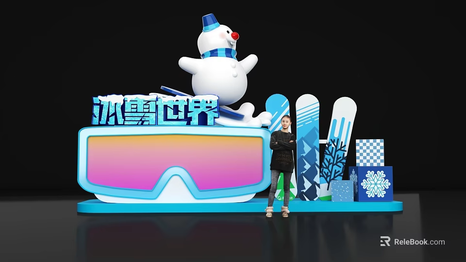 Ice and Snow World Photo Check-in Spot with Snowman Skis Goggles and Decorations 3d model 