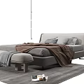 Modern Upholstered Double Bed With Gray Blanket Pillows Ottoman Side Table And Rug 3d model