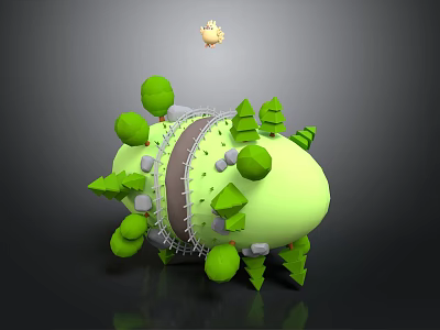 Green Landscape With Egg Shaped Landform Round Cone Trees Gray Stones And Small Yellow Object 3d model