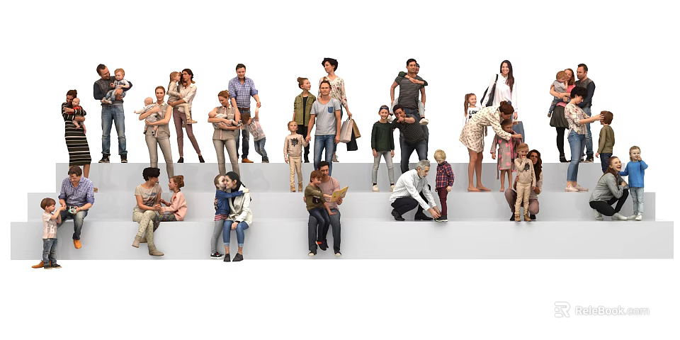 Group of People in Various Poses and Different Ages Standing and Sitting Together 3d model 