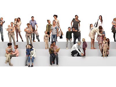 Group of People in Various Poses and Different Ages Standing and Sitting Together 3d model