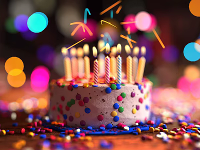 Birthday Cake With Lit Candles Colorful Sprinkles Sparkling Decorations Streamers And Colorful Light Spots 3d model