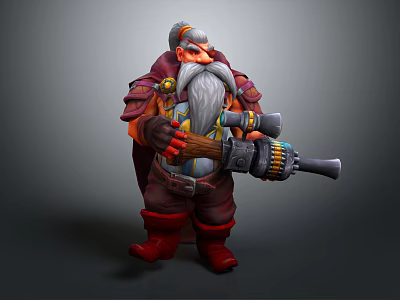 Game Movie Dwarf Character With Long Beard Red Brown Armor And Large Mechanical Gun 3d model
