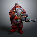 Game Movie Dwarf Character With Long Beard Red Brown Armor And Large Mechanical Gun