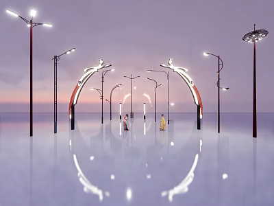 Outdoor Street Lights Featuring Arched Design And Bright Illumination On Reflective Ground At Dusk 3d model