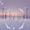 Outdoor Street Lights Featuring Arched Design And Bright Illumination On Reflective Ground At Dusk