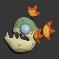 Cute 3D Green Fish Creature Character With Blue Eyes Sharp Teeth And Flame Details