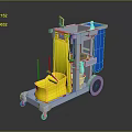 Practical Cleaning Cart With Yellow Bucket Blue Compartment Red Mop Wheels And Cleaning Supplies