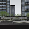 Modern Entrance Gate of High Rise Residential Building With Landscaped Garden and Stone Steps