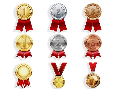 Gold Silver Bronze Trophies And Medals With Red Ribbons And Round Design 3d model