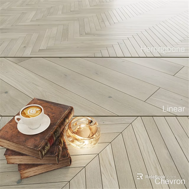Wooden Flooring Design With Herringbone Linear Patterns Vintage Book And Coffee Cup 3d model 