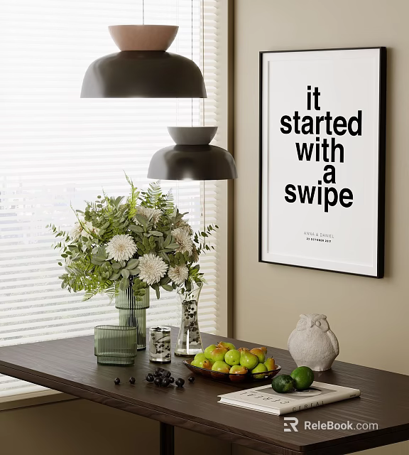 Chic Decorative Ornament Set with Vase Flowers Fruit Bowl and Wall Art for Home Tabletop 3d model 