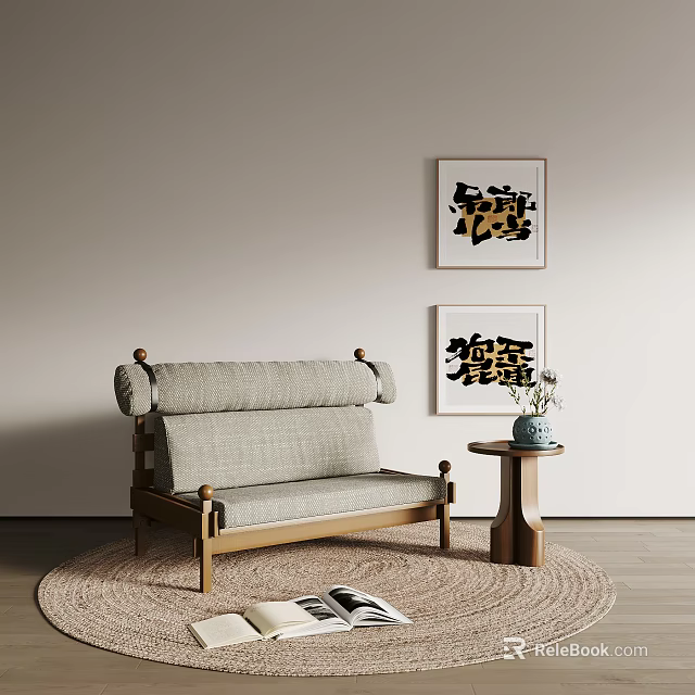 Gray Fabric Single Sofa with Wooden Frame on Carpet Near Side Table and Wall Art 3d model 