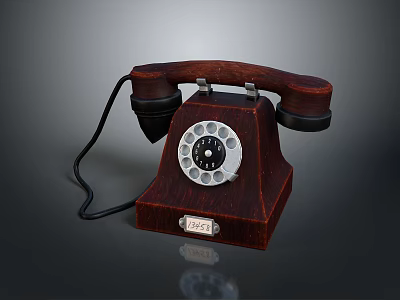 Vintage Brown Wooden Telephone With Rotary Dial And Black Handset Cord 3d model