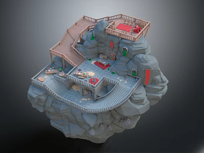 Floating Rock Island Scenic Landscape With Wooden Stairs And Red Carpets 3d model