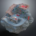 Floating Rock Island Scenic Landscape With Wooden Stairs And Red Carpets