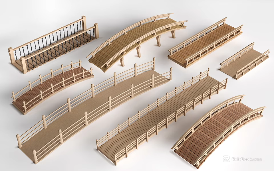 Various Wooden Landscape Bridges With Curved And Straight Designs And Railings 3d model 