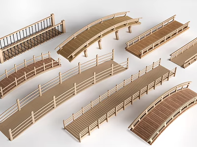 Various Wooden Landscape Bridges With Curved And Straight Designs And Railings 3d model