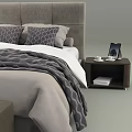 Modern Double Bed Interior With Bedside Table Bench Gray Blanket And Beige Pillows 3d model