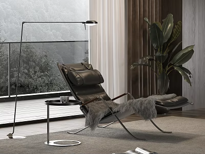 Elegant Modern Leather Lounge Chair With Side Table Floor Lamp Green Plant And Scenic View 3d model