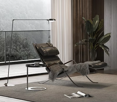 Elegant Modern Leather Lounge Chair With Side Table Floor Lamp Green Plant And Scenic View 3d model