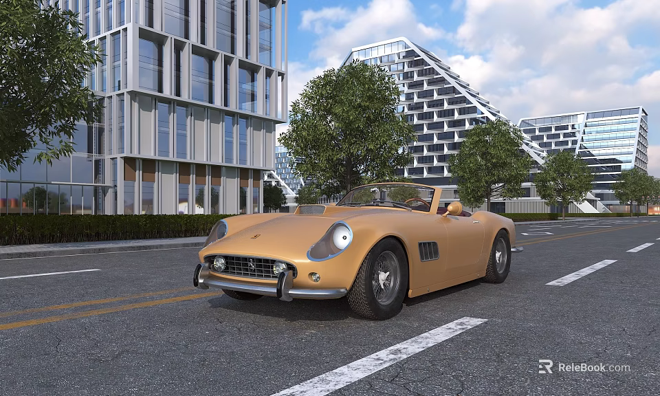 Vintage Convertible Car On Urban Street With Modern Buildings 3d model 