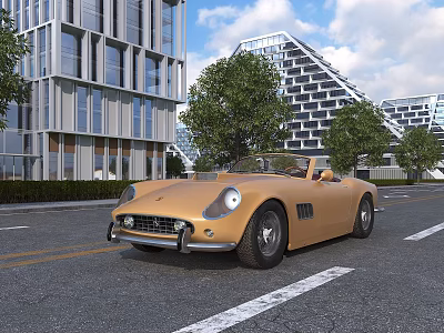 Vintage Convertible Car On Urban Street With Modern Buildings 3d model