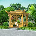 Wooden Pavilion in Garden with Green Plants Bushes Trees Table Chairs and Stone Path