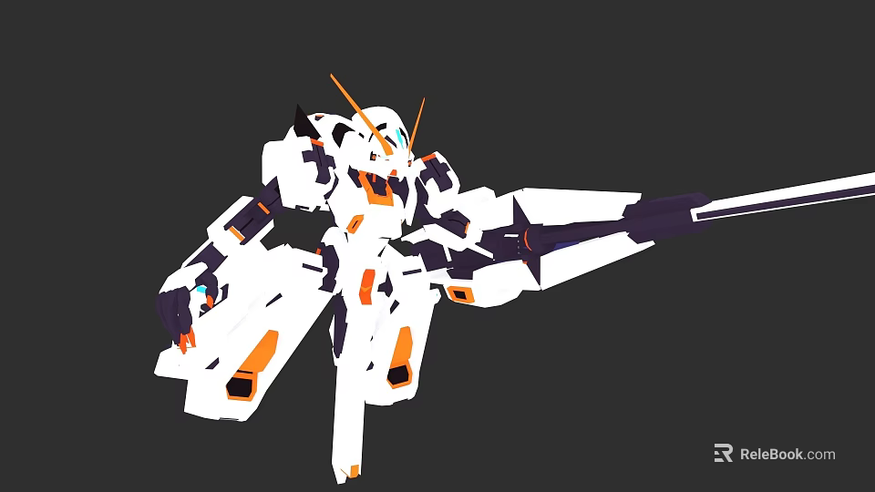 White And Orange Mecha Robot With Long Weapon And Complex Structure Design 3d model 