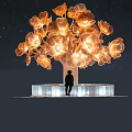 Illuminated Flower Tree Landscape Sculpture with Glowing Blossoms White Platform Base and Seated Person