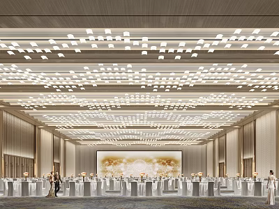 Modern Luxury Banquet Hall Interior With Elegant Ceiling Lighting Stage And Arranged Dining Tables Chairs 3d model