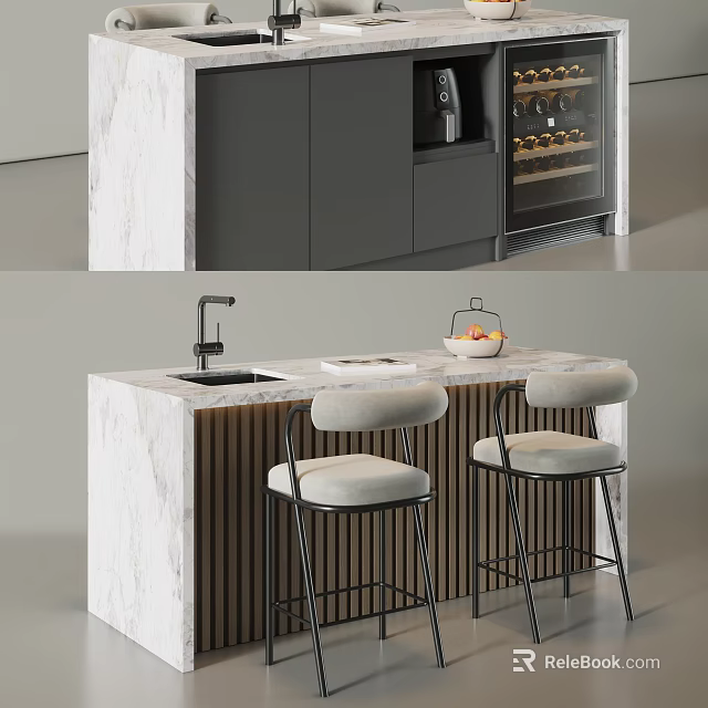 Modern Bar Design With Marble Countertop And Upholstered Bar Stools 3d model