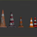 Orange And White Striped Traffic Cones In Various Sizes On Dark Background