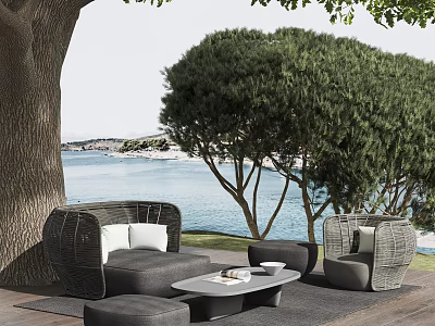 Gray Wicker Outdoor Sofa Under Large Tree By Water With Coffee Table And Stools 3d model