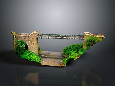 Miniature Bridge Model Showcasing Stone Arch Metal Frame Green Plants And Small Stream 3d model