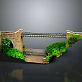 Miniature Bridge Model Showcasing Stone Arch Metal Frame Green Plants And Small Stream
