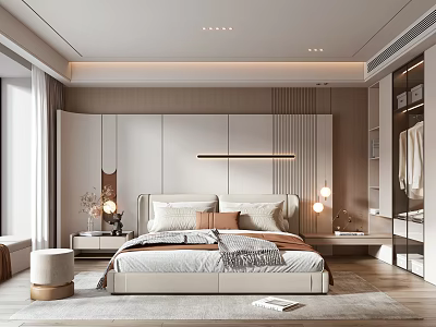 Modern Bedroom Interior Design With Bed Pillows Lighting And Wooden Floor Wardrobe 3d model