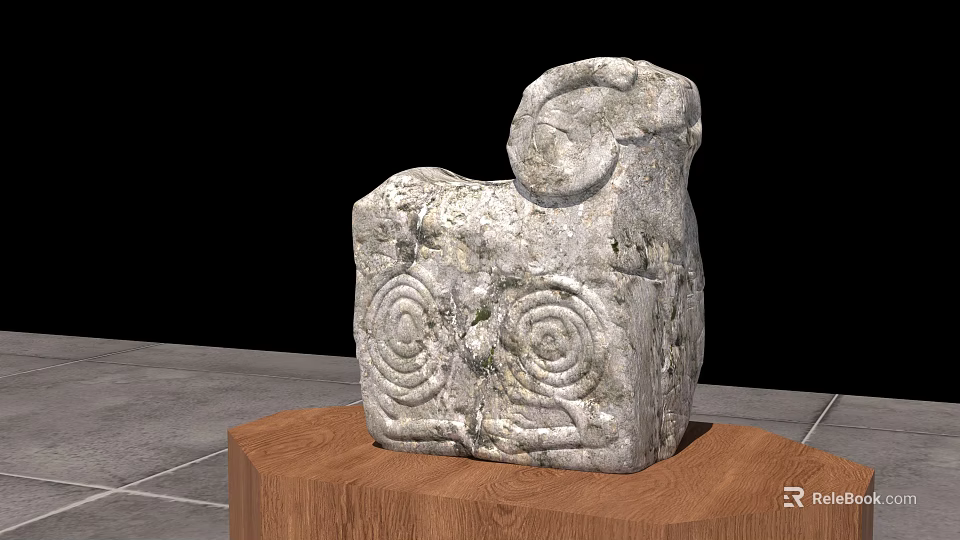 Ancient Stone Ram Head Landscape Sculpture With Spiral Carvings On Wooden Pedestal 3d model 