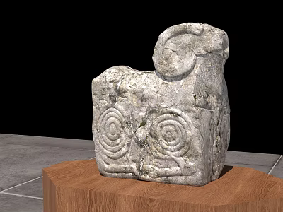 Ancient Stone Ram Head Landscape Sculpture With Spiral Carvings On Wooden Pedestal 3d model