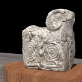 Ancient Stone Ram Head Landscape Sculpture With Spiral Carvings On Wooden Pedestal