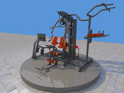 Multi functional Fitness Equipment With Orange Seats Black Frame Digital Display And Circular Platform 3d model