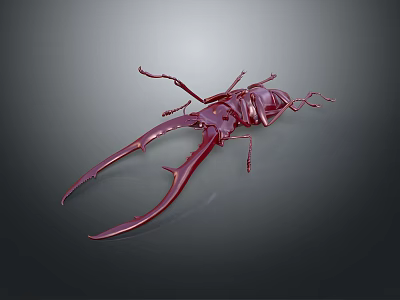 Crimson 3D Rendered Beetle With Long Antennae And Large Mandibles On Dark Background 3d model