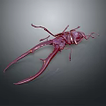 Crimson 3D Rendered Beetle With Long Antennae And Large Mandibles On Dark Background